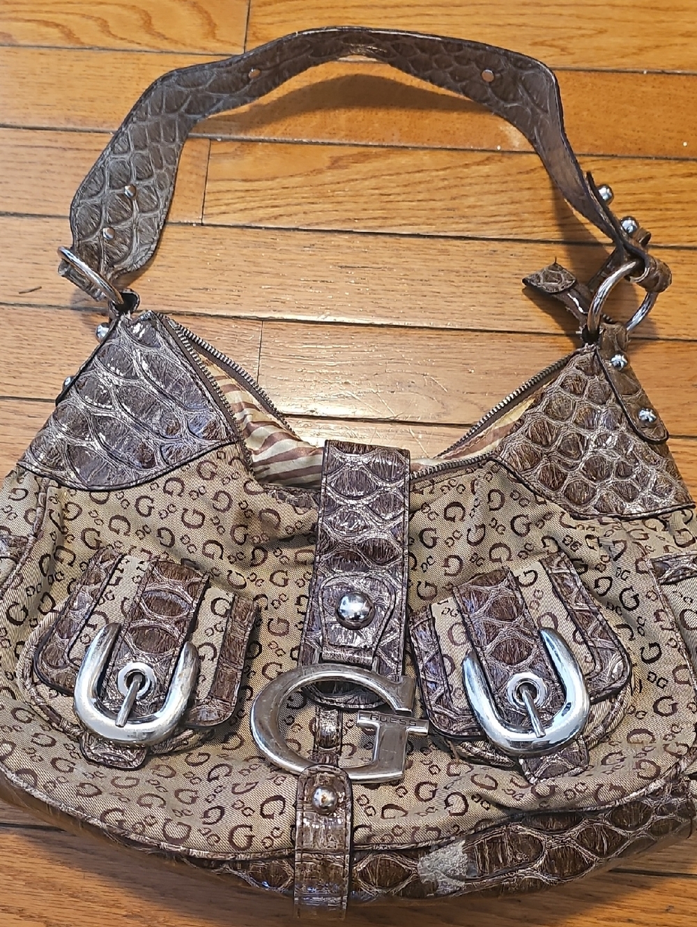 Guess Brown Monogram Hobo with Croc-Effect Trim